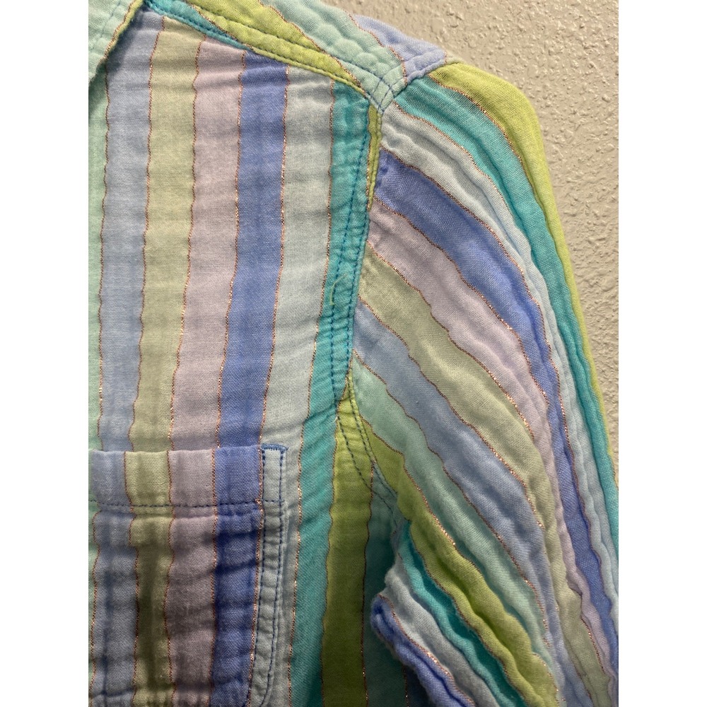 St Johns Bay Womens Medium Tunic Shirt Pastel Stripe Metallic Gauze Roll Tab L/S - Picture 2 of 4
